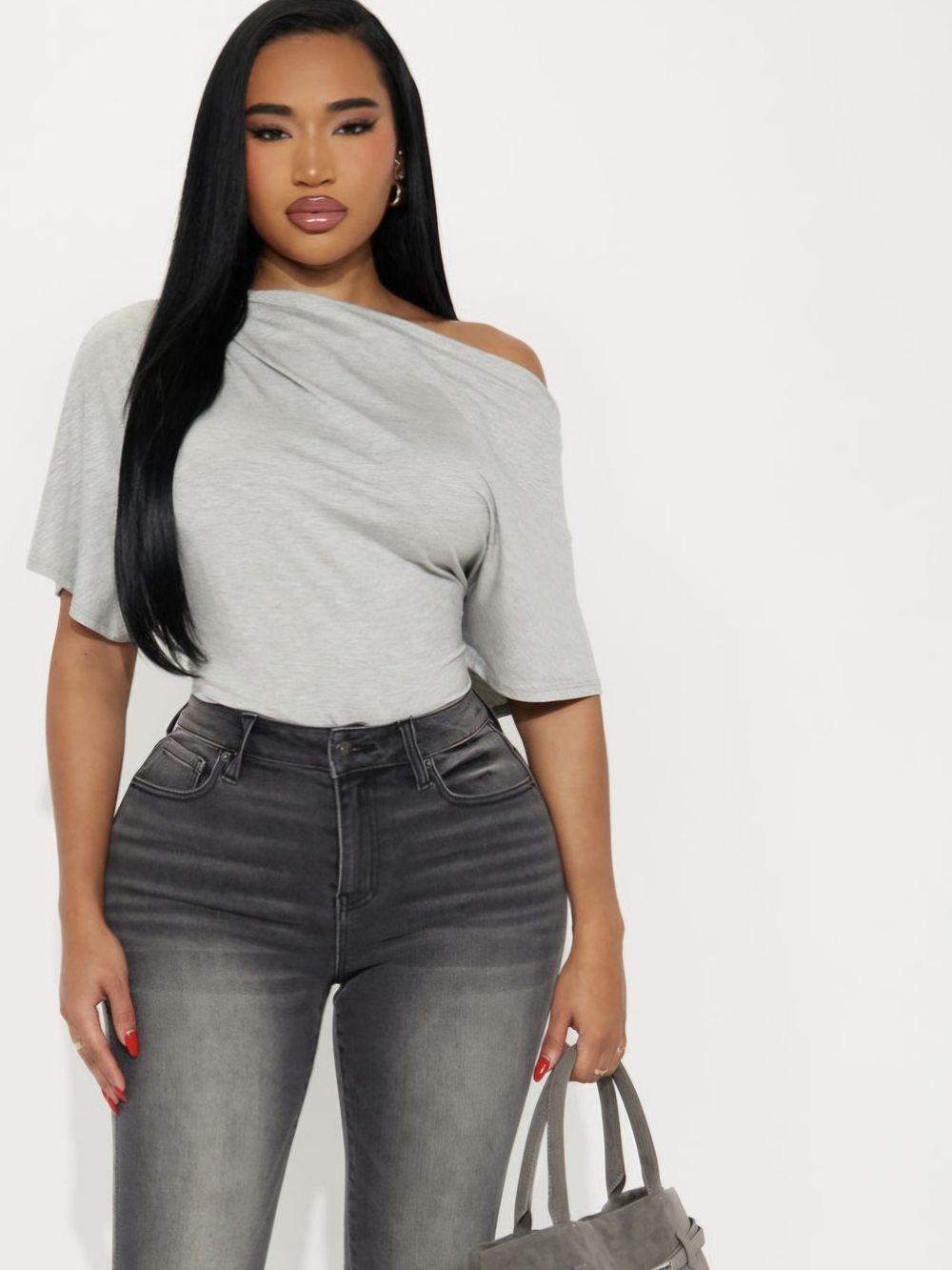 Fashion Nova Light Gray One-Shoulder Draped Tunic